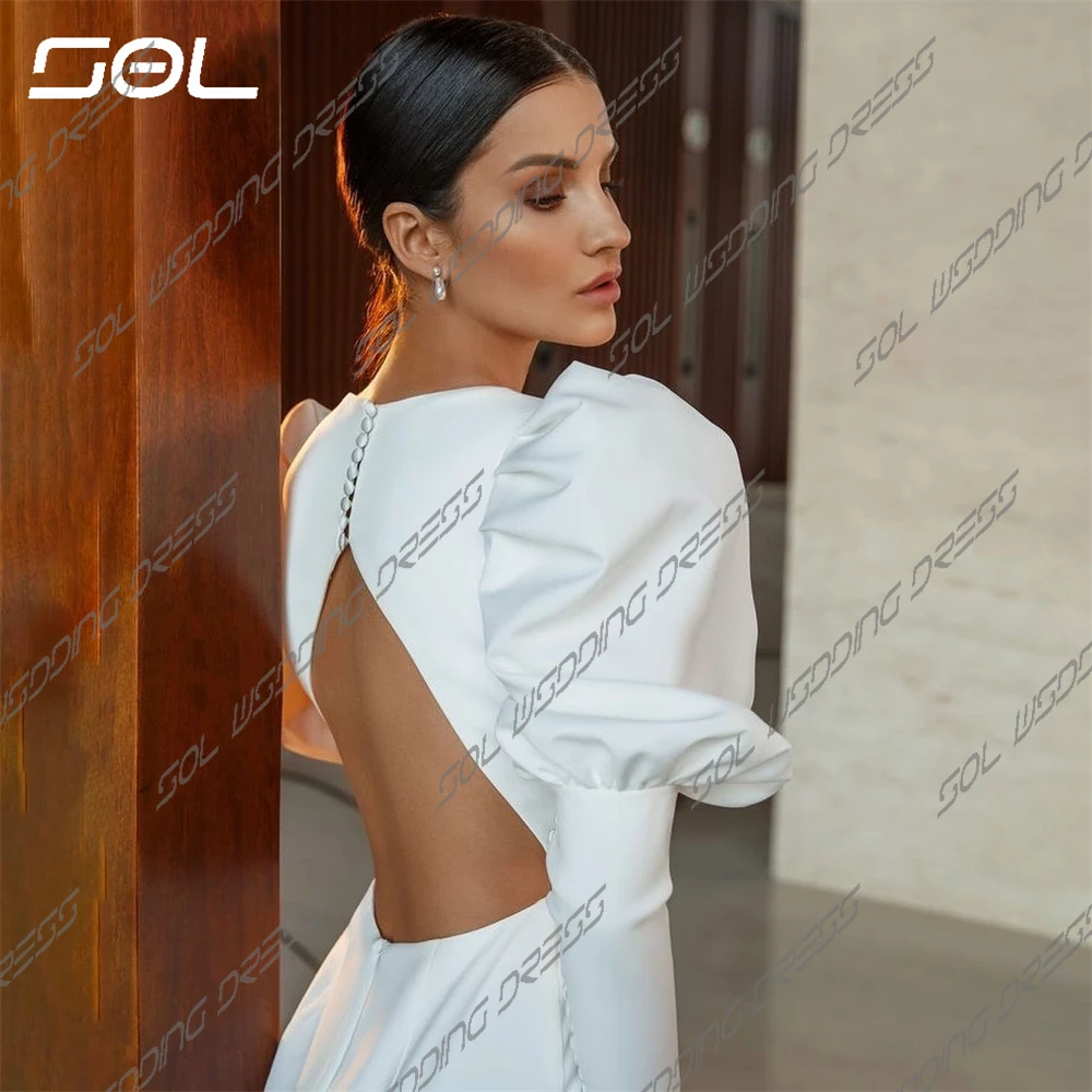 Sol Simple O Neck Long Puff Sleeves Satin Wedding Dress With Button Elegant Back Up Mermaid Bridal Gown Robe De Mariee