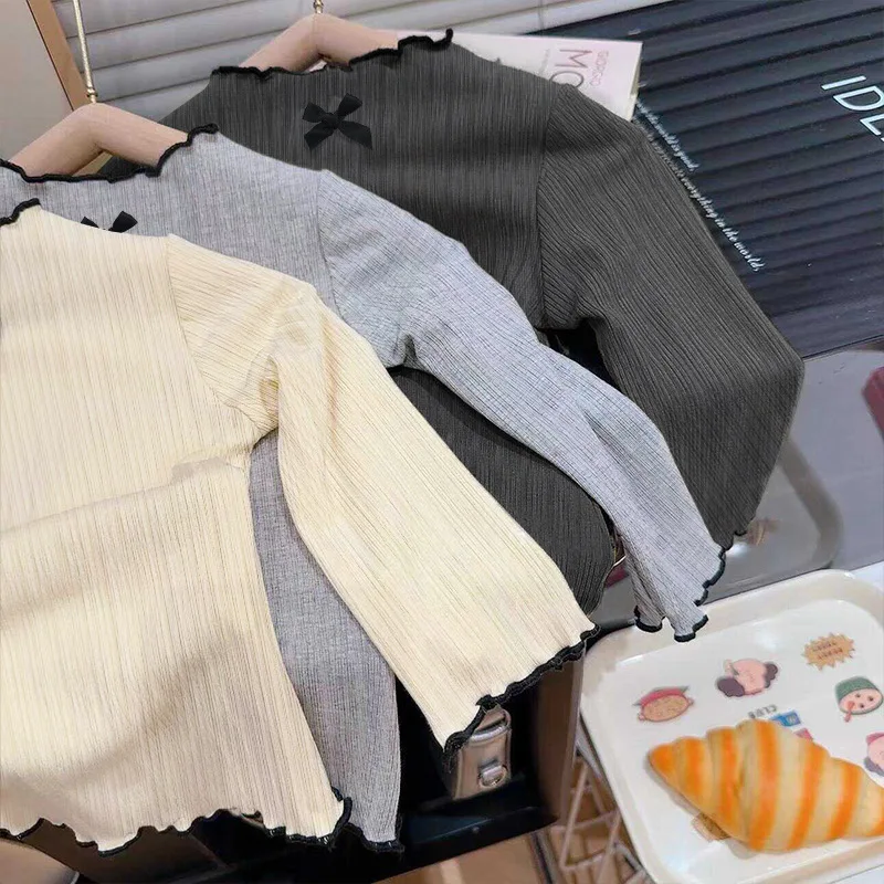 Atasan Bayi Perempuan Musim Semi Gugur, Kaos Dalam 1 - 7 Tahun, Kaos Lengan Panjang Anak Perempuan dengan Ruffle dan Pita, Ramah Kulit