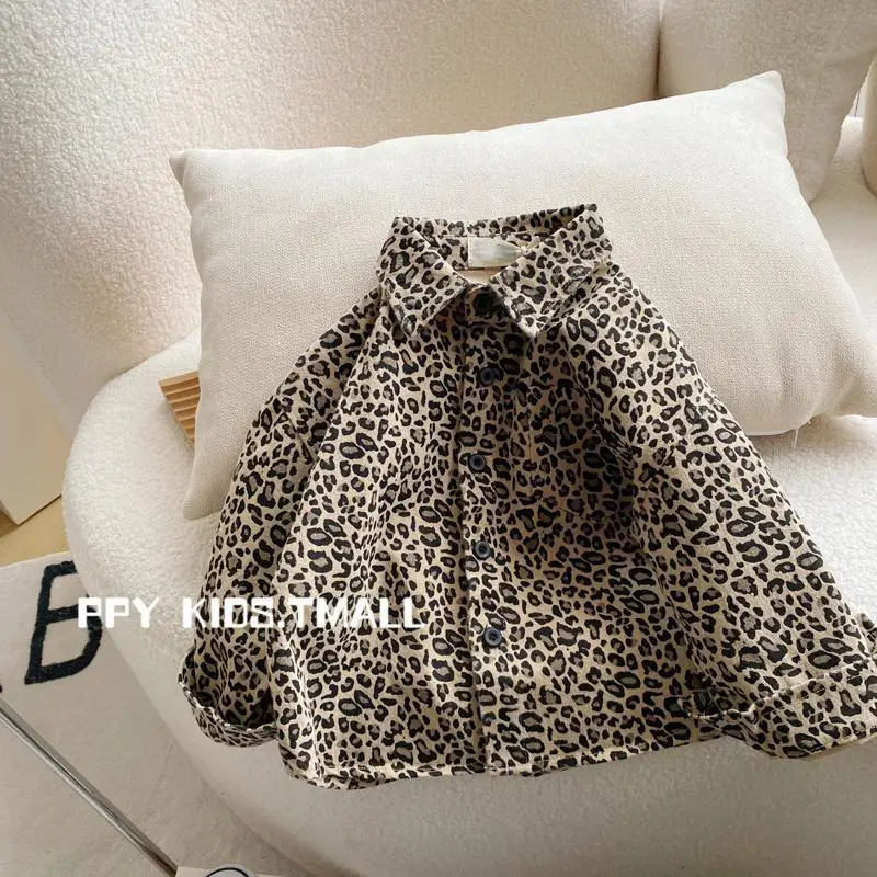 Boys T-shirt Turn-down Collar Leopard Print Button Long Sleeve Spring and Fall Cool Pretty Soft Cotton