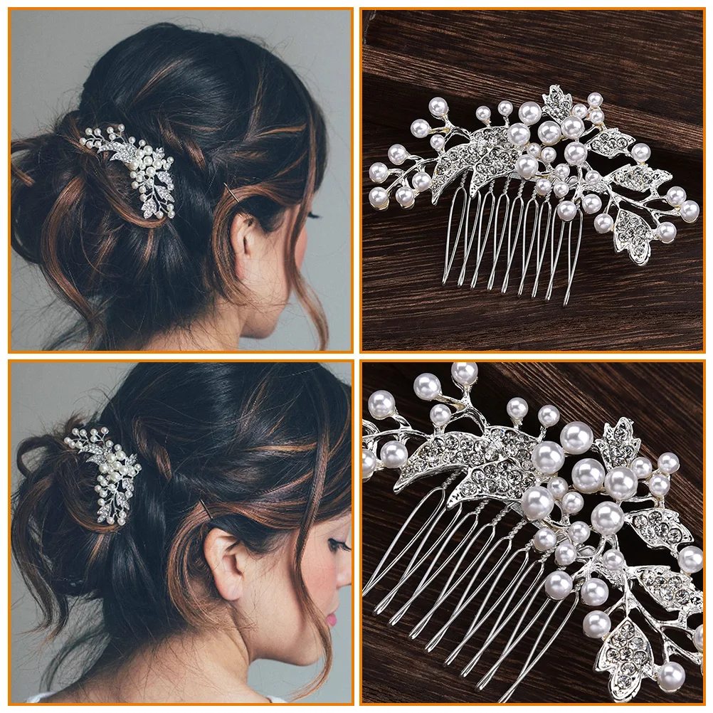 

2 Pcs Pearl Hair Comb Tiara Wedding Elastic Side for Women Bridal Accessory Floral Miss Decorative Combs