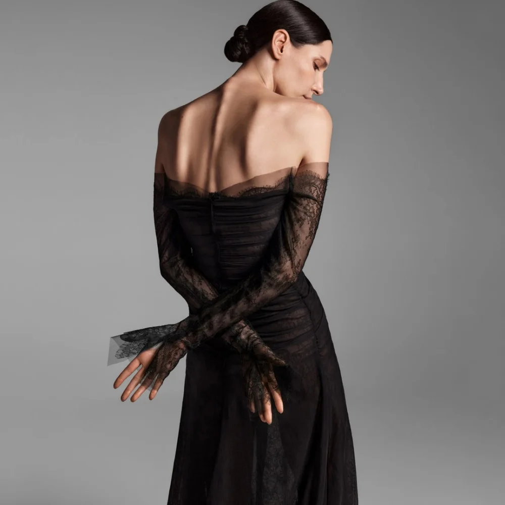 Split Black Party Gowns Strapless Customized Lace Off Shoulder Prom Dresses Mermaid Sexy Evening Dress Tulle فساتين سهرة image 2