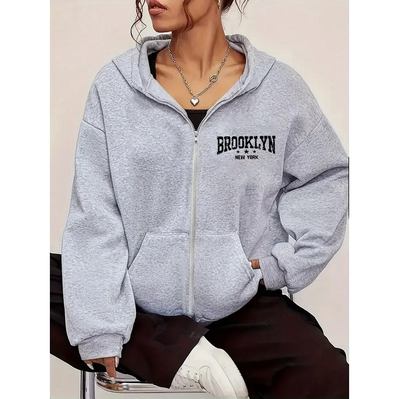 Women Zip Up Hoodie BROOKLYN NEW YORK Vintage Letter Print Long Sleeve Oversized Heather Gray Hooded Jacket Casual Pocket Sweats