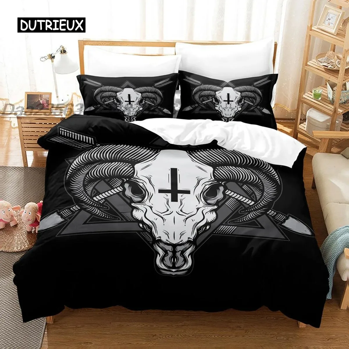 

Satanic Duvet Cover Satan Goat Inverted Pentagram Skull Comforter Cover Quilt Cover Bedroom Decoration for Women Men Children