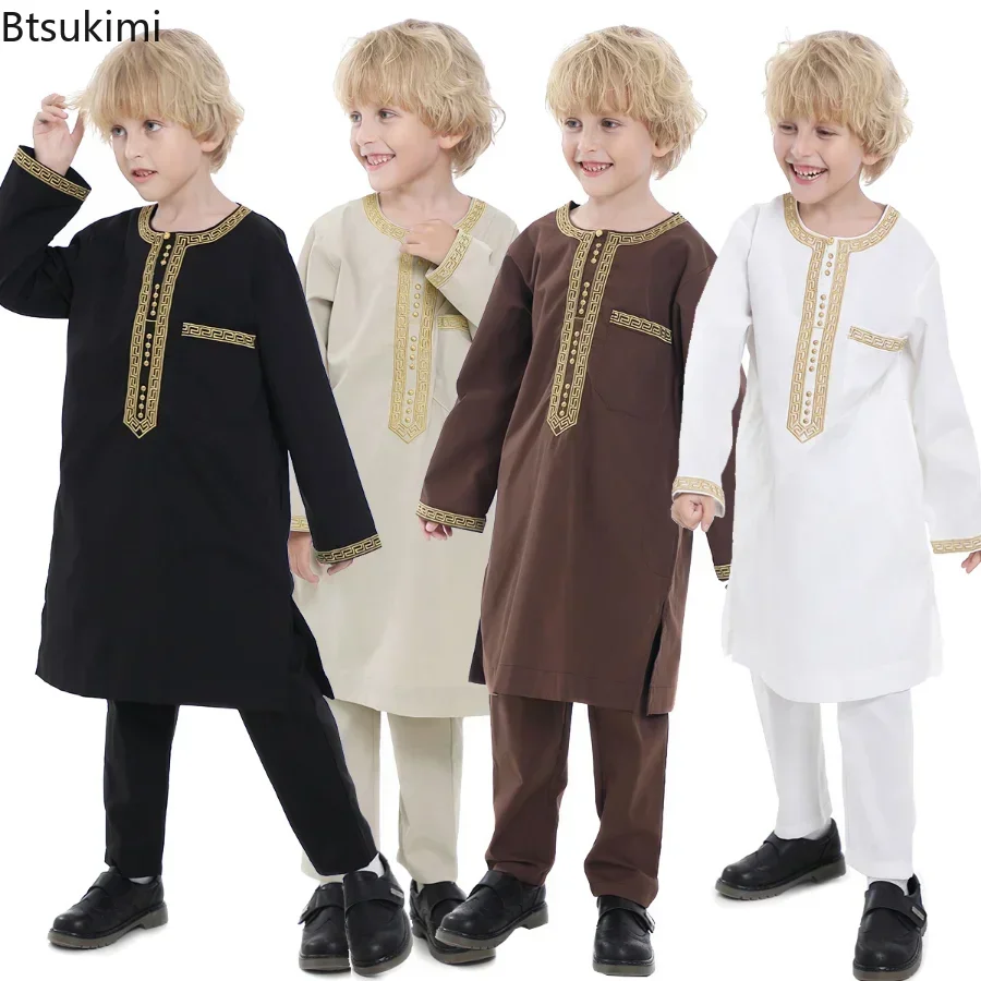 

2024 Saudi Arabia Children Robe Muslim Clothes Kids Qamis Boy Jubba Thobe 2 Piece Set Islamic Clothing Men Party Abaya Kaftan