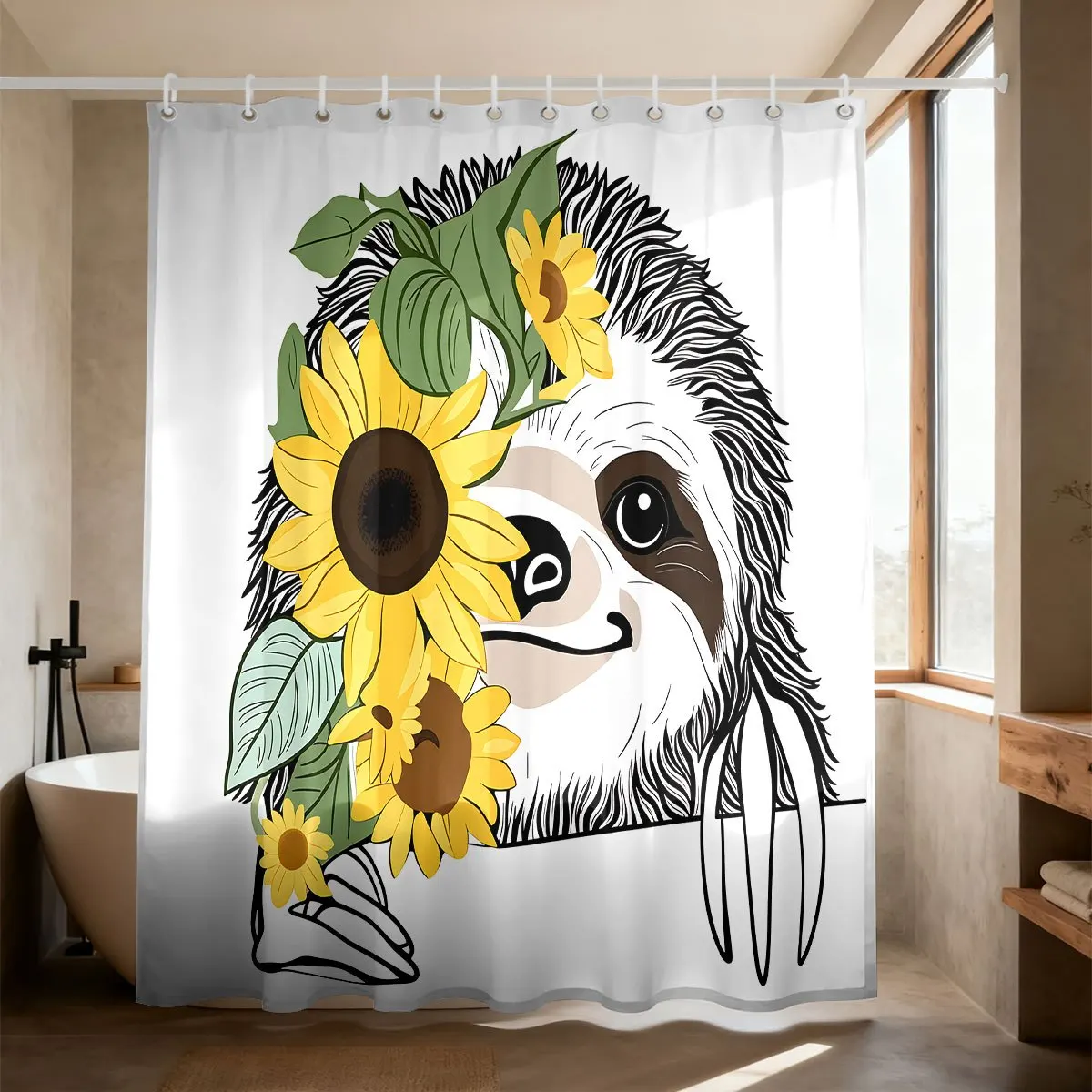 Cartoon Sloth Portrait Yellow Sunflower Floral Pattern Bath curtain, Cozy Soft Warm  for Living Room, Adorable