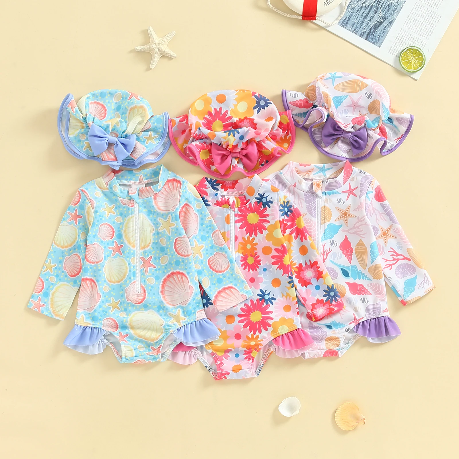 2024 Toddler Girls Rash Guard Swimsuit Rompers Long Sleeve Flower/Shell Print Baby Ruffles Bathing Suit Swimwear with Swim Cap