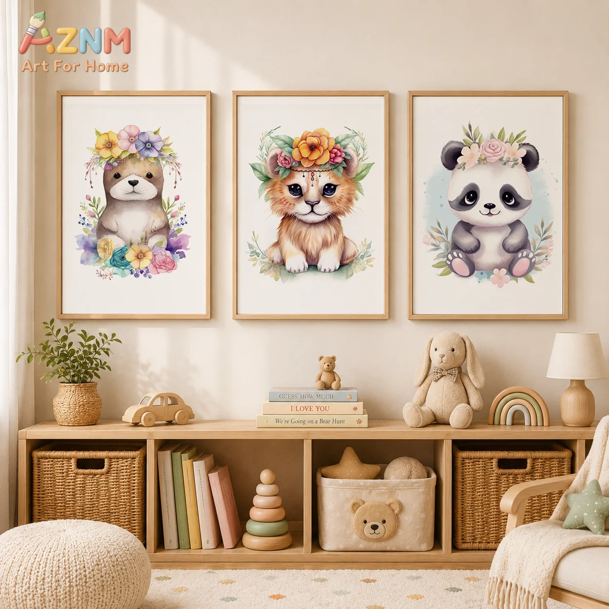 AZNM Unframed Canvas Print Watercolor Floral Animal Wall Art Cute Otter Tiger Panda Nursery Home Decor Poster