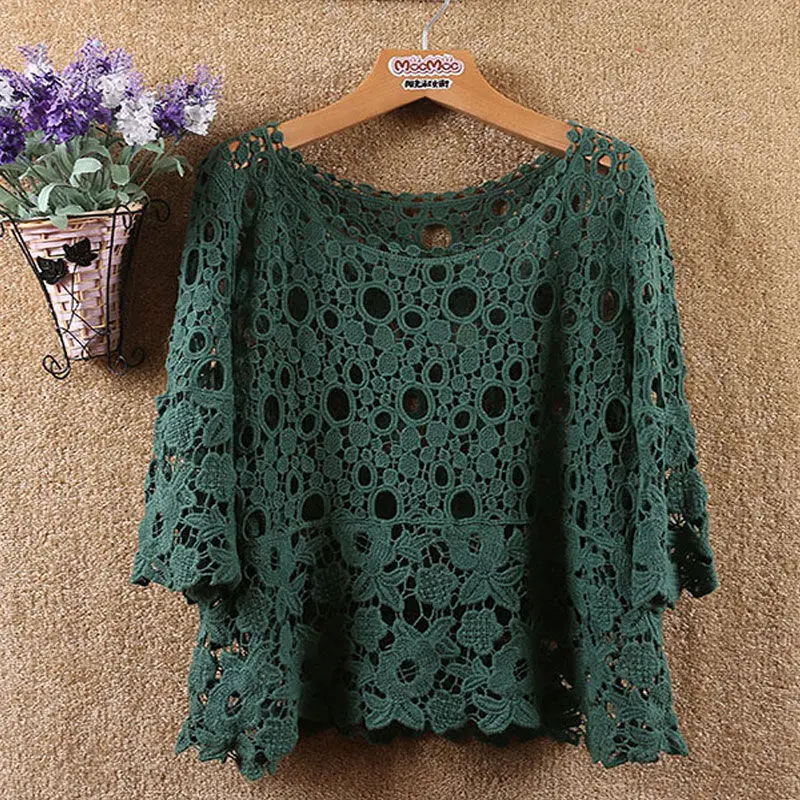 

Pullover hollow lace bikini blouse women summer o neck long sleeve knitted link short pullover air-conditioning loose pullover