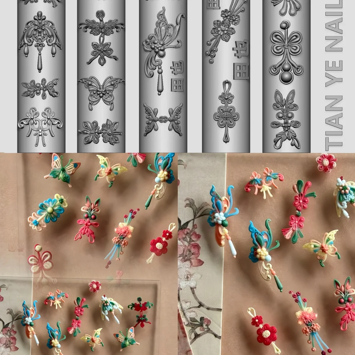 

Butterfly Lace-up fastener Tassel Flowers Chinese style 3D Embossing Nail Art Stamping Carved Silicone Mold DIY Template