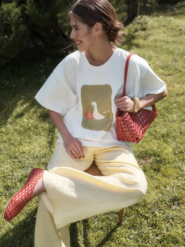 Women Casual Loose T‑Shirt Crew Neck Cute Goose Picnic Basket Graphic Print Short Sleeve Daily Tee Tops