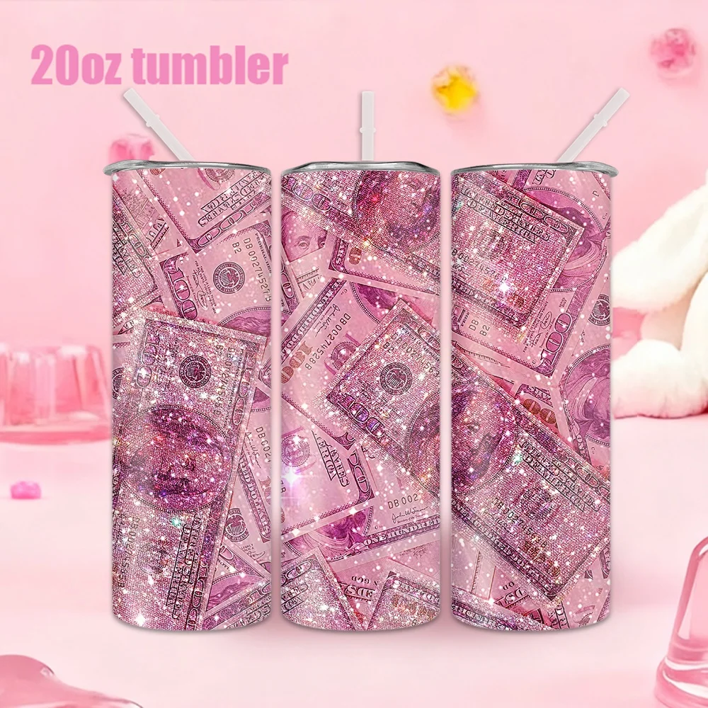 1pc 20oz straw water bottle, pink shimmering banknote pattern, insulated stainless steel water cup.