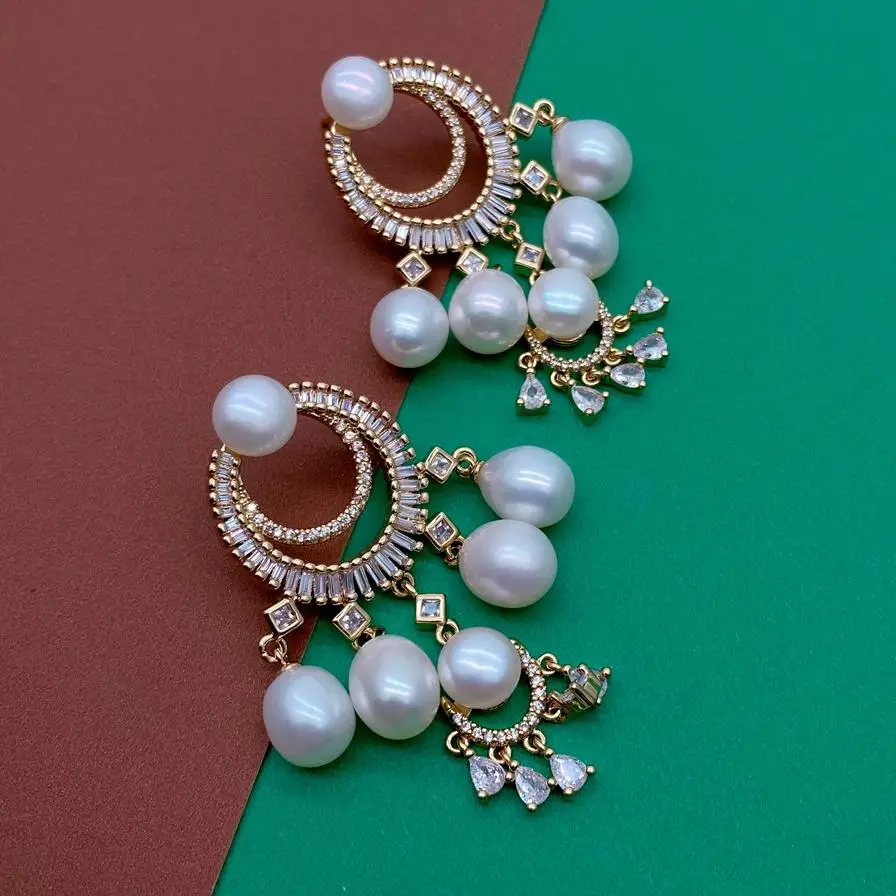 Y·YING Freshwater White Pearl Chandelier Earrings Cz Pave Yellow Gold Plated Earring