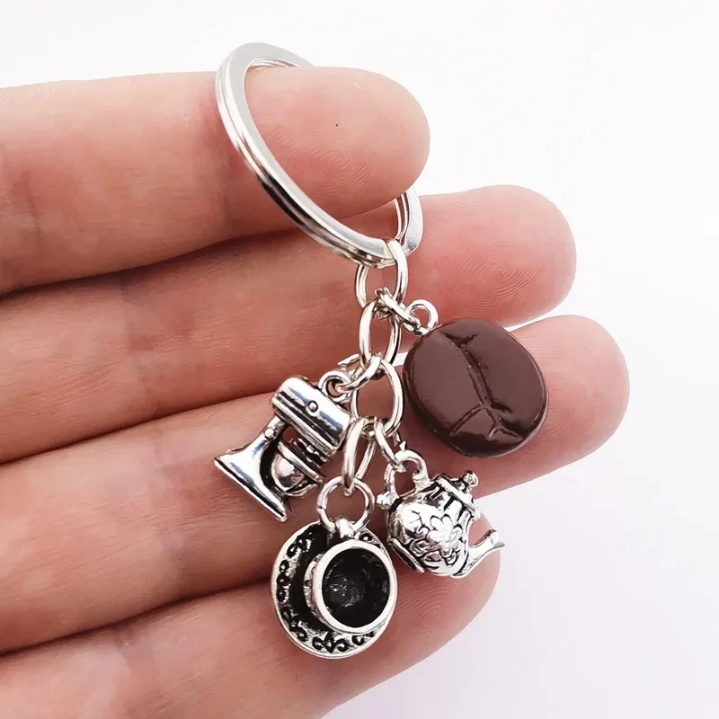 1pcs Creative Coffee cook Keychain coffee cup portable coffee machine Tea pot key chains afternoon dessert Accessories Gift