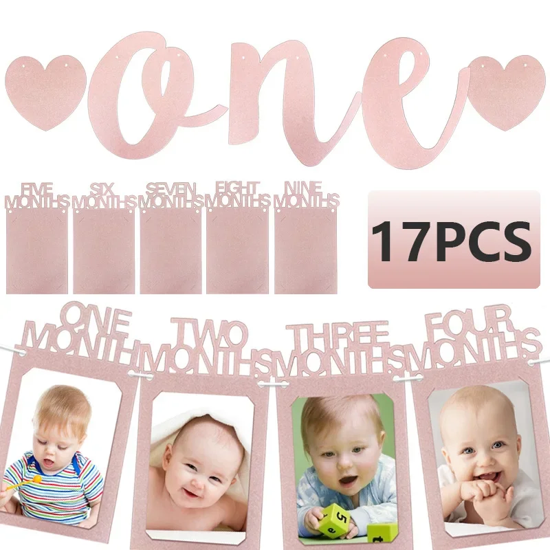 Newborn 13 Photo Frames Banner Glitter Paper Rose Gold ONE Love Photo Frame Banner One 1st Happy Baby Girl Birthday party Decor