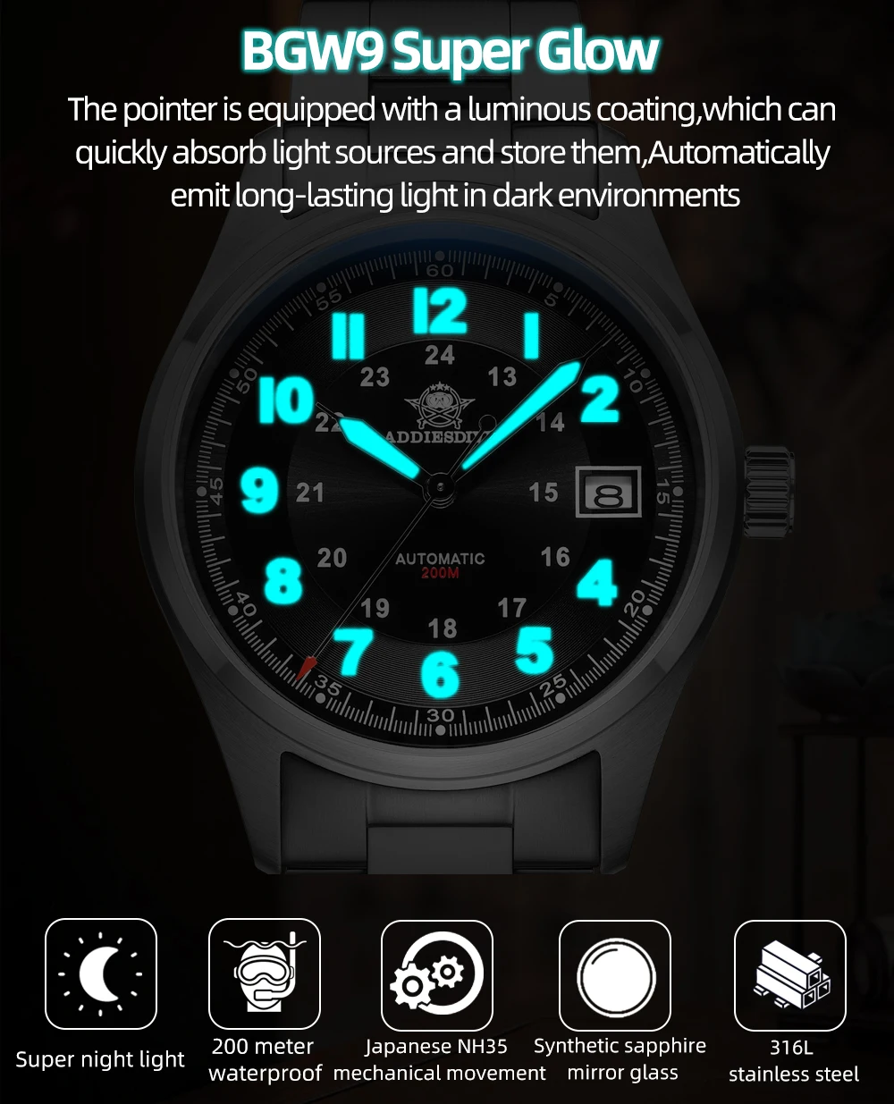 ADDIESDIVE Luxurious Men's Automatic Watch 8215 Mechanical Watch Sapphire Glass 200m Waterproof Analog Luminous Aaawatch S8dc0dfdca171422988249841c7d8086d3