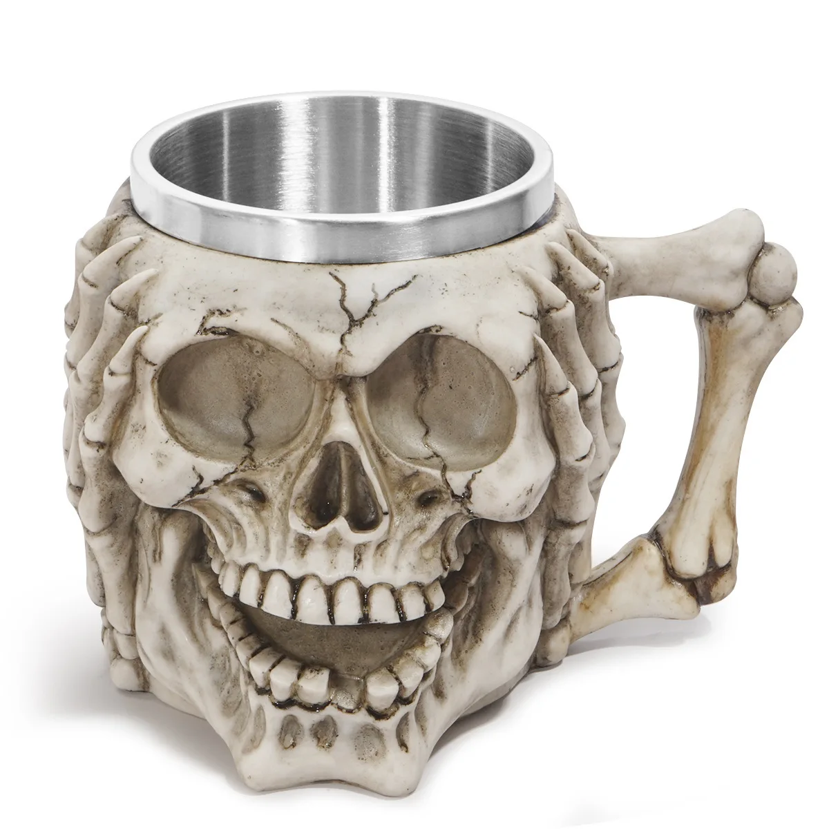 Gothic Skeleton Hand Skull Beer Mug, 450ml Stainless Steel Liner, 3D Resin Tankard with Bone Handle, Halloween Themed Stein