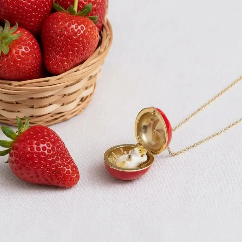 Verstecktes Hamster-Tier-Emaille-Medaillon mit Öffnungs- und Schließfunktion, vergoldete Kette, liebenswertes Fruchtdesign, Geschenk für den täglichen Gebrauch – Detail 4