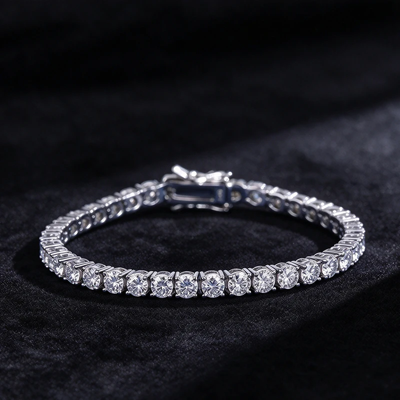 NeeTim 3mm 4mm 5mm All Moissanite Tennis Bracelet Sparkling Chain 925 Sterling Silver with Gold Plated Bracelets For Women Men