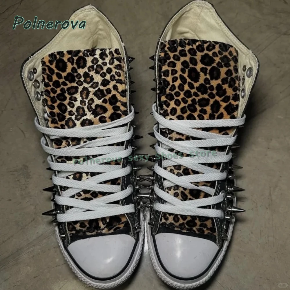 Leopard Print Spiked High Top Sneakers Women's Studded Punk Rock Shoes Casual Street Style Spicy Girl Lace Up Patchwork Pumps