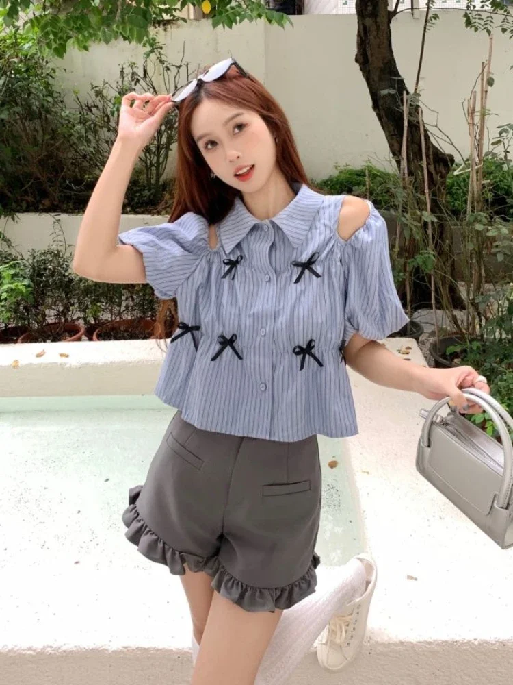 Multi-bow Kawaii Shirts Women Japan Style Summer Cute Blue Striped Ins Puff Sleeve Aesthetic Blusas Chic Y2k Schoolgirl Lovely