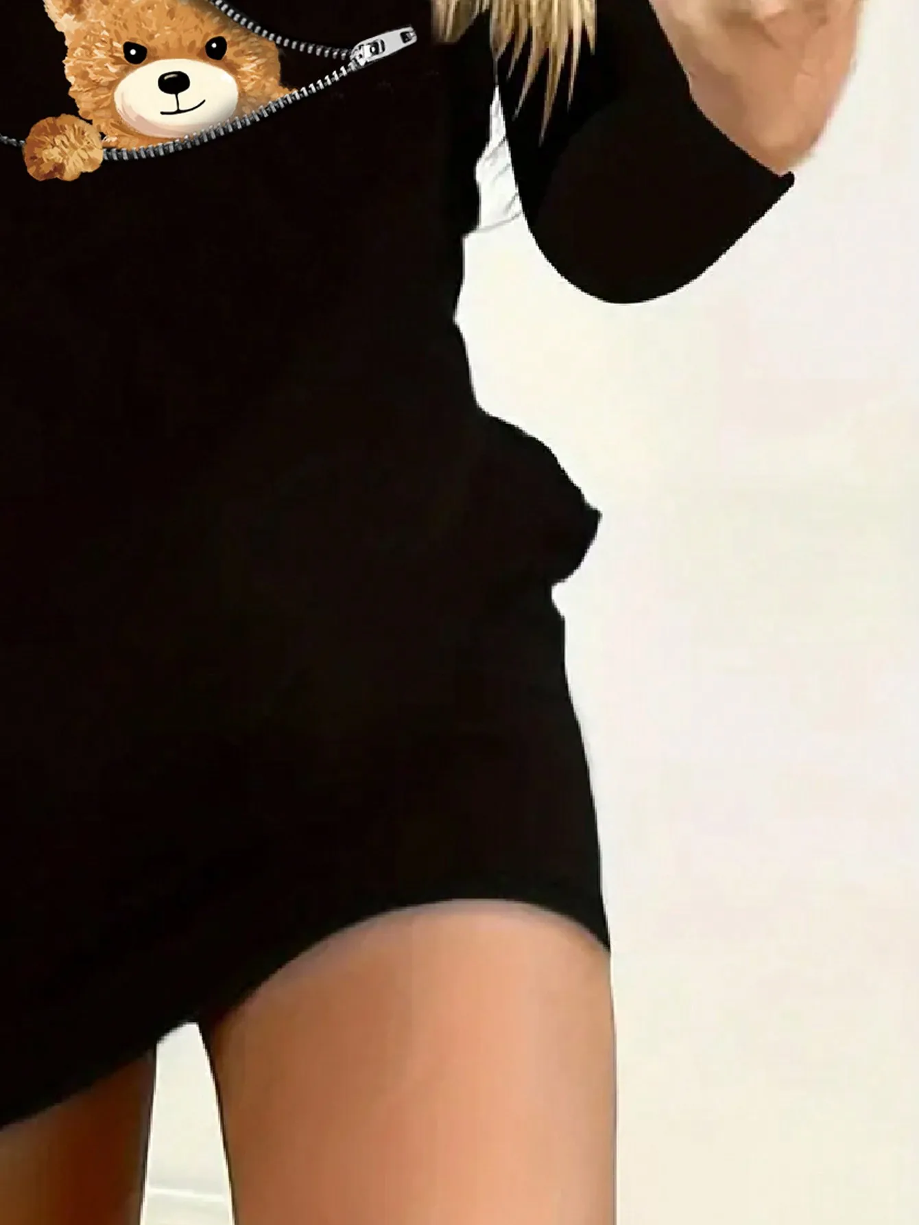 2026 Damen Freizeitkleid, elegant, einfarbig, Rundhals, mit Bärenmuster, Reißverschluss, langärmlig, kurzer Rock, ideal für den Alltag und Reisen – Detail 11