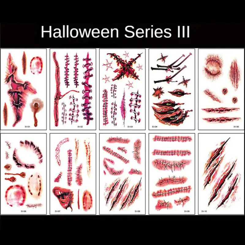 Halloween Tattoo Sticker Horror Bloody Wound Zombie Scar Waterproof Temporary Tattoos Party Body Art Makeup Kids Adult