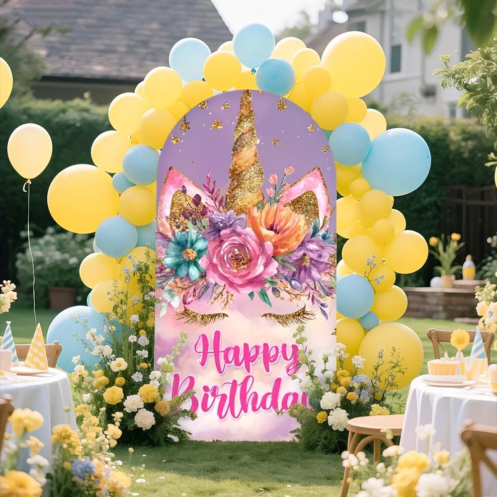 

Purple Unicorn Happy Birthday Cake Table Backdrop Decorations Watercolor Flowers Cloud Children Party Arch Background Props