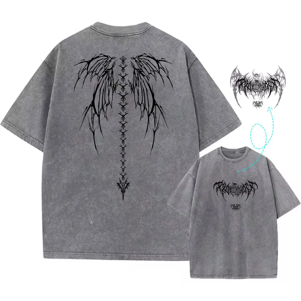 Y2K Vintage Washed Tshirt Men Women Hip Hop Summer Skeleton Print T-Shirt Harajuku Streetwear Casual Cotton Loose Top Tee