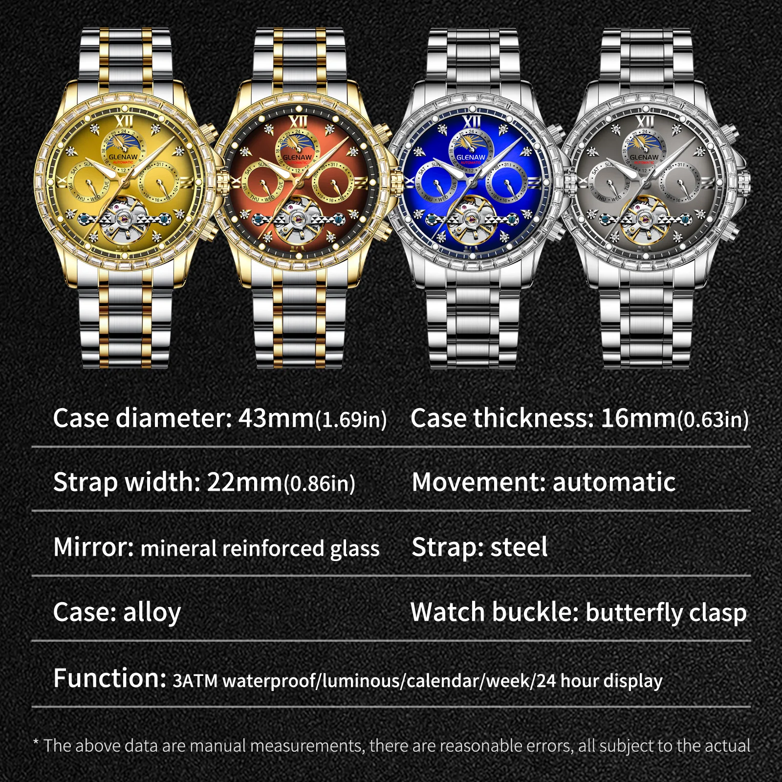 ساعة Glenaw من أفضل العلامات التجارية الأوتوماتيكية بالكامل متعددة الوظائف ميكانيكية للرجال، ساعة مقاومة للماء