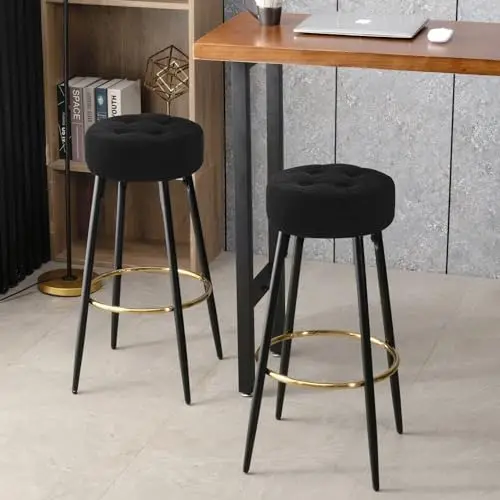 26" Leather Round  Stools Counter Stools Set of 2 Modern Upholstered Dining Chair Stool with Gold Footrest for Kitchen Coffe