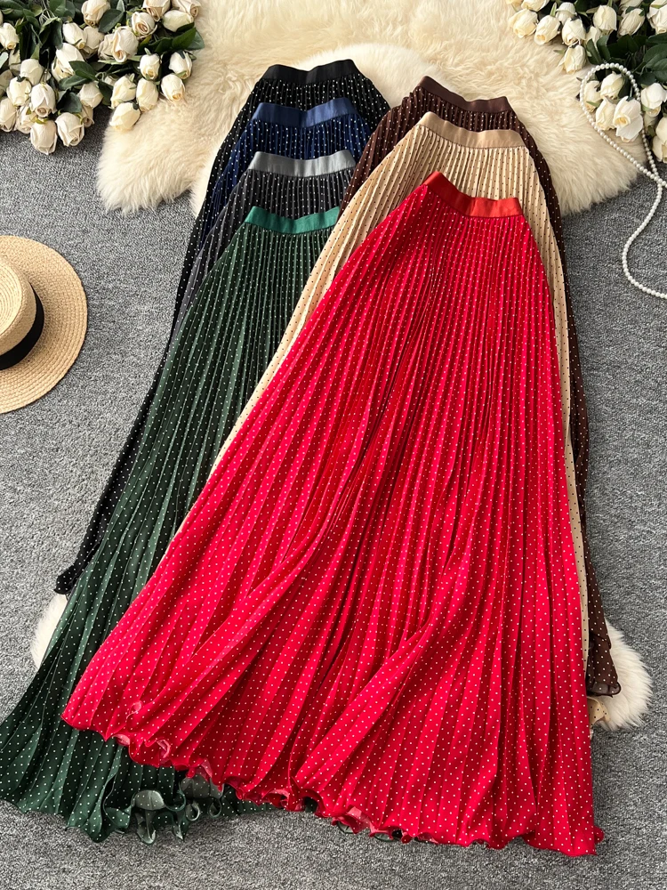

Fashion dot pleated skirt for women Spring skirts new skinny elastic high waisted elegant A-line maxi skirt woman clothing