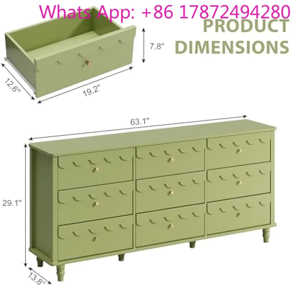 Green 9 Drawer Dresser , Modern Wide Long Chest of Drawers Wood