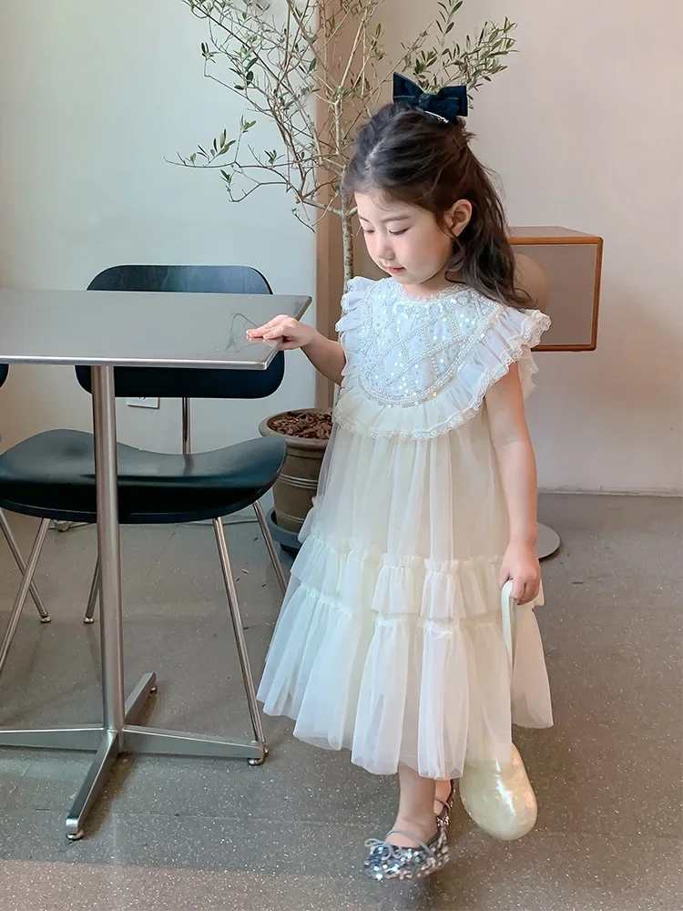 

2025Girls' Summer New Beige Mesh Sequins Flounced Sleeve Princess Dress