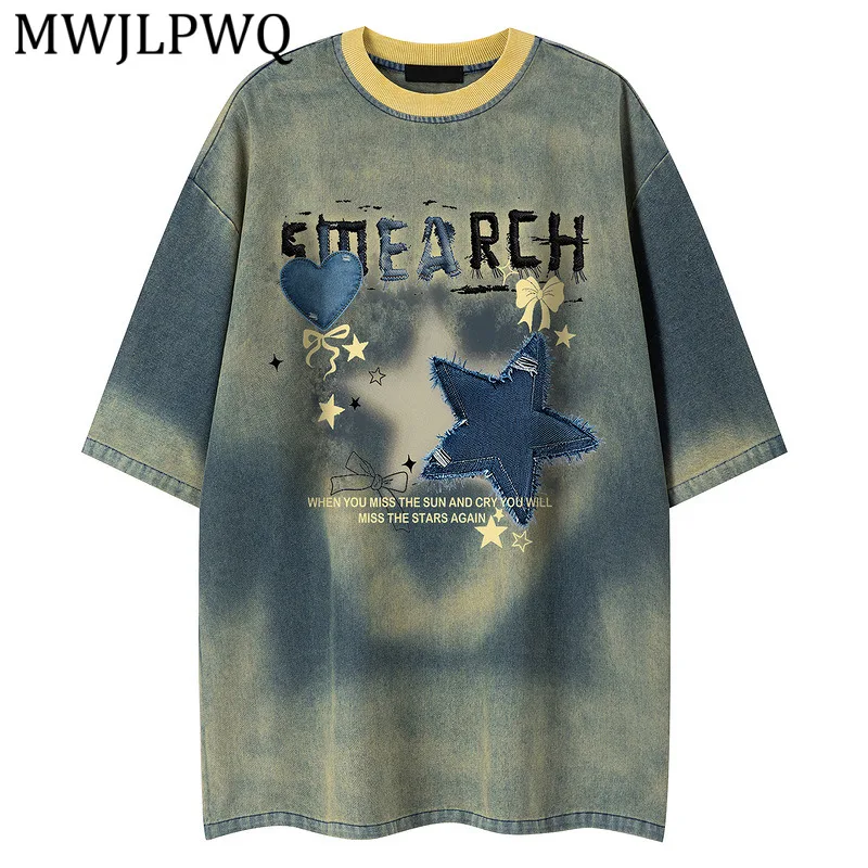 

MWJLPWQ Vintag Distrssd Denim Tie-Dye Short-Sleeve T-Shirt For Men Summr Street Style Loose Fit Casual Coupl's Tops Summer 15392