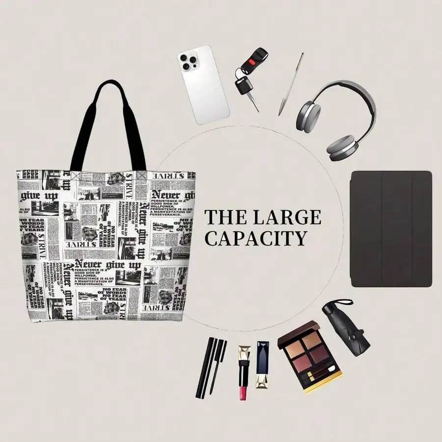 

Newspaper Print Casual Tote Bag For Adults Large Capacity Shopping Bag