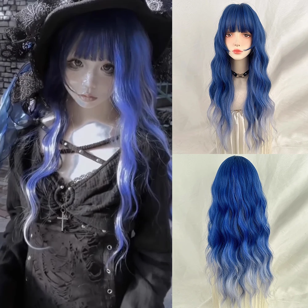 

Synthetic Women Fluffy Ombre Blue Wavy Curly Wig Lolita Cosplay Heat Resistant Wig with Bangs for Daily Party