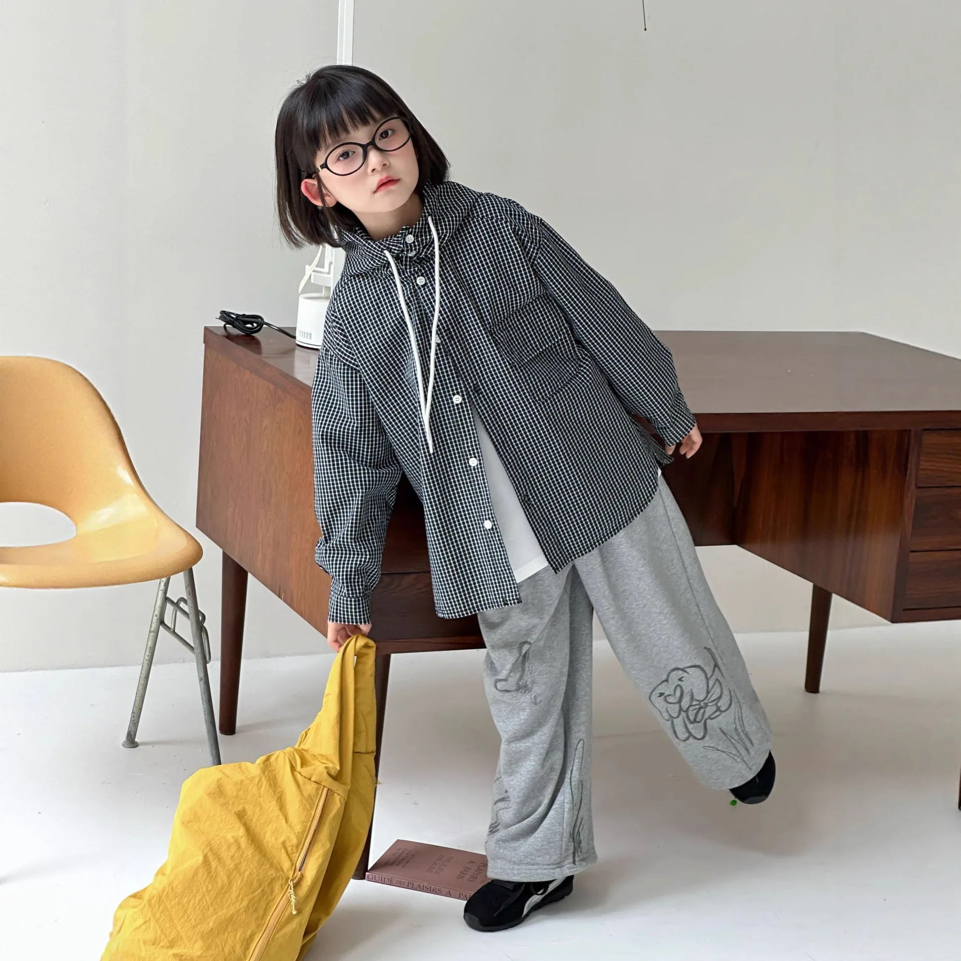 

2025 Autumn New Korean Version Children's Versatile Hooded Checkered Shirt Casual Single Breasted Jacket