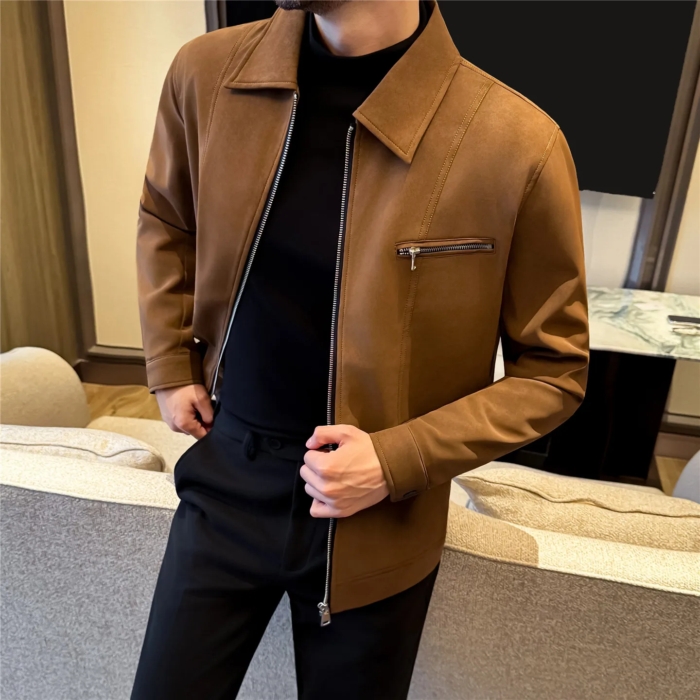 

High-end zipper decoration faux wool leather jacket with a double-breasted design, stylish leather coat in coffee color