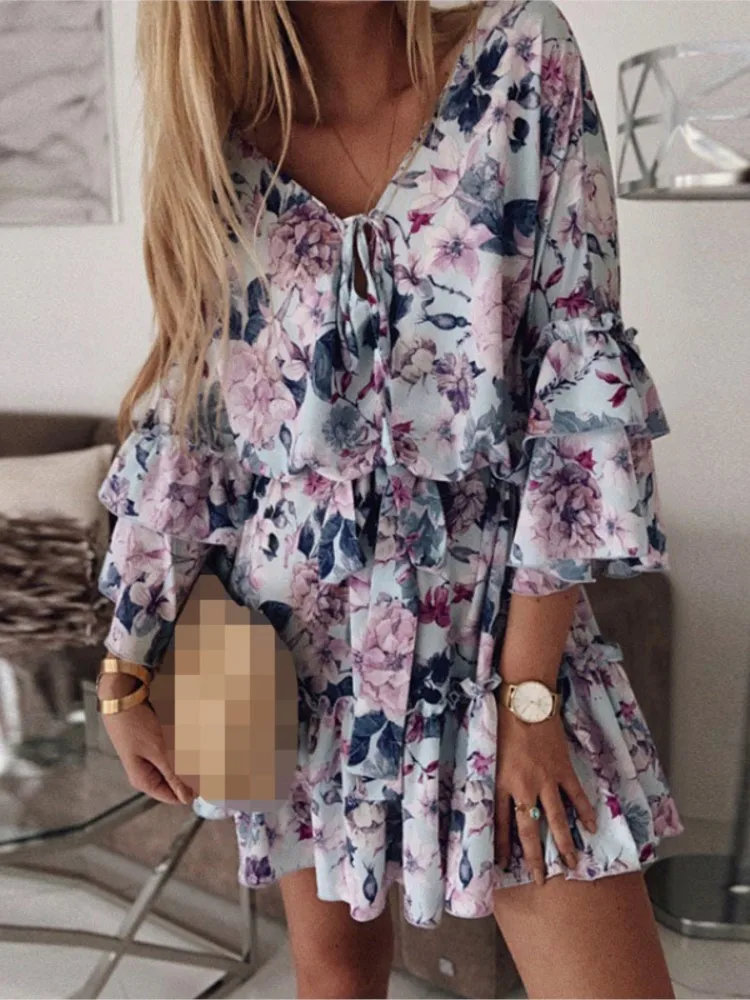 Spring Summer New Fashionable Printed Dress Sexy V-neck Lace Up Flared Sleeve Lace Up Mid Waist Pleated Short Dress