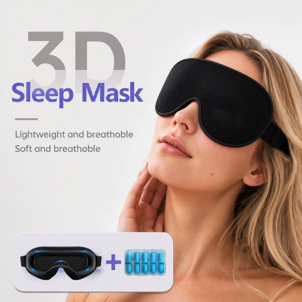 Antifaz para dormir, diseño 3D contorneado, antifaz transpirable y cómodo para dormir - Correa ajustable, con tapones para los oídos para dormir