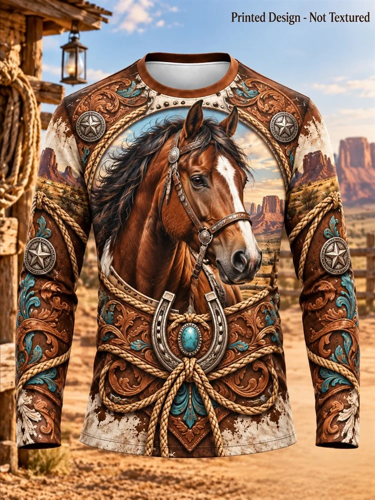 Men's Western Horse Long Sleeve T-Shirt Tooled Leather Turquoise Rope Horseshoe Desert Graphic Pullover Tops Gift New Hot