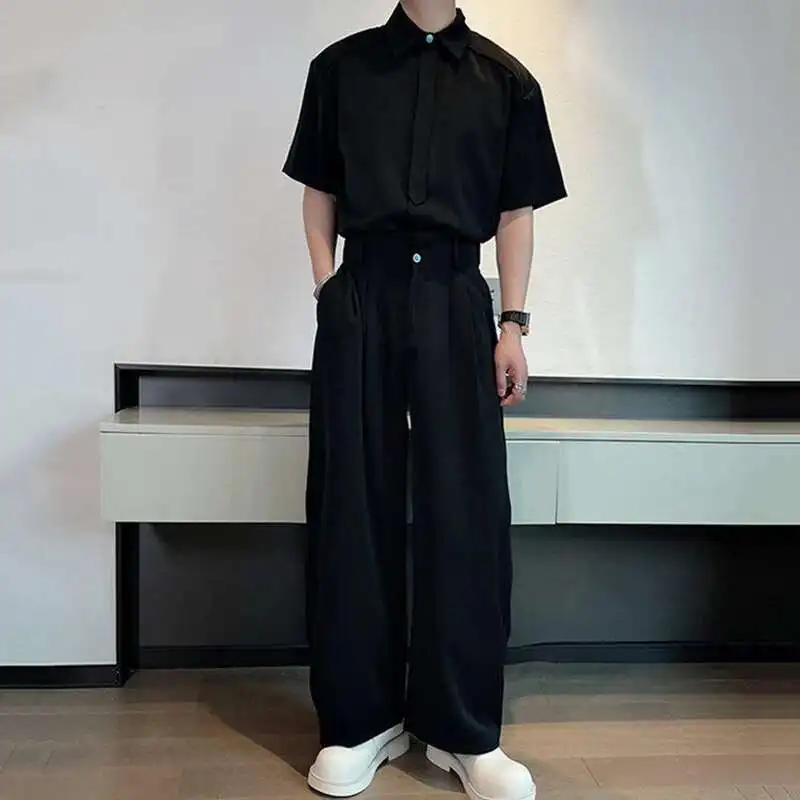 

Men's Solid Color Two-piece Lapel Short Sleeved Single Breasted Shirts Pleated Design Wide Leg Casual Pants Summer AW91