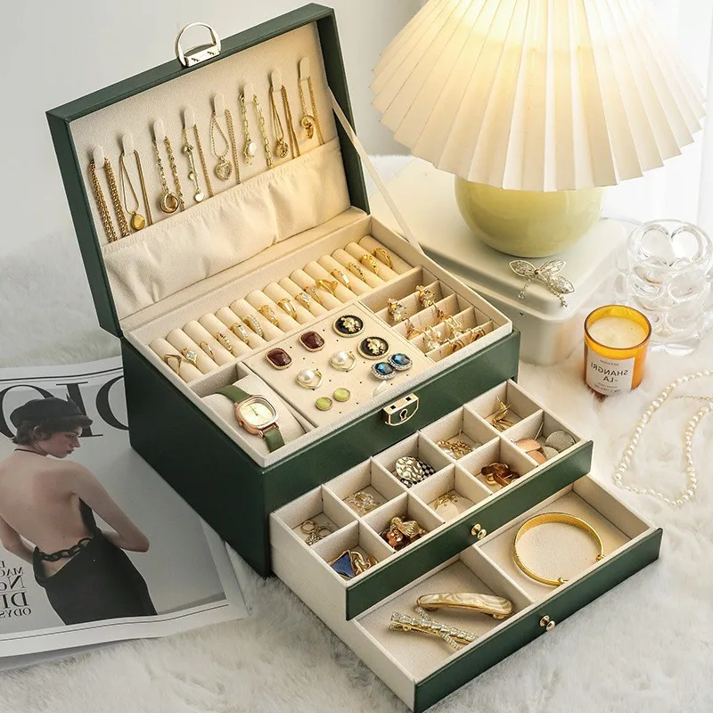 

Three Drawer Handheld Jewellery Box Earring Ring Necklace Storage Box PU Leather Jewellery Display Box With Security Key Lock