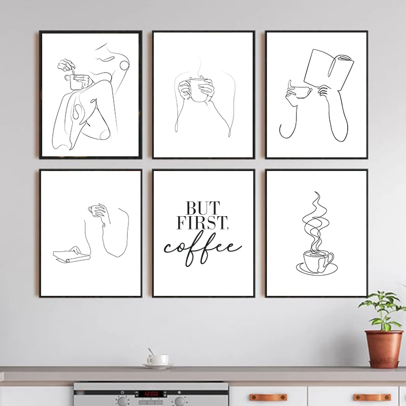 Abstrakte Kaffee-Frau Linienzeichnung Kunstdrucke Schwarz-Weiß Nordisch Minimalistisches Poster Kaffee Wandkunst Leinwandgemälde Küche Deko