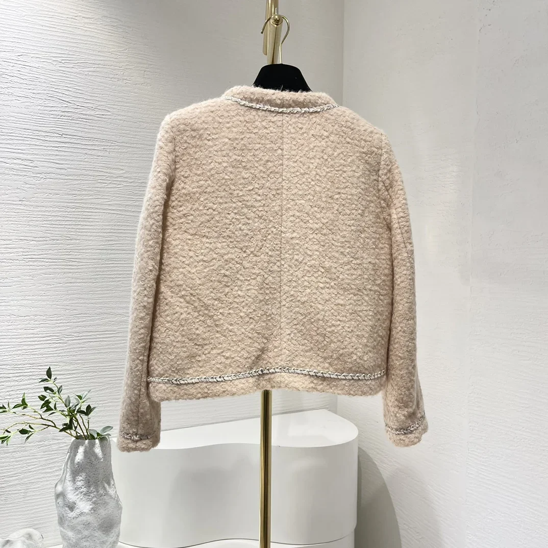 2024 New Autumn Simple Style Light Pink Long Sleeve Tweed Down Jacket for Women