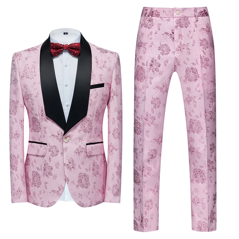 

Men's Pink Suit 2-piece, Gold Red Jacquard Fabric Dress Jacket with The Same Color Pants, Asian Size Wedding Party Menswear.