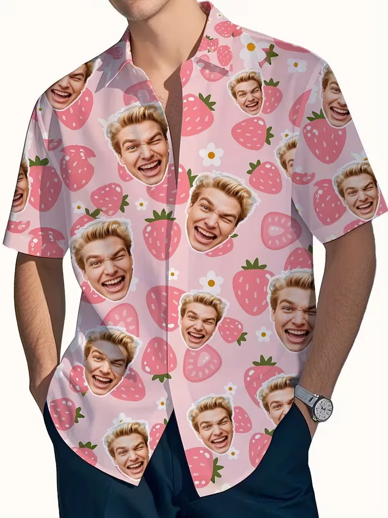 Custom Face Pink Strawberry Print Hawaiian Shirt Personalized Photo & Fruit Pattern Short Sleeve Button Down Beach Shirts