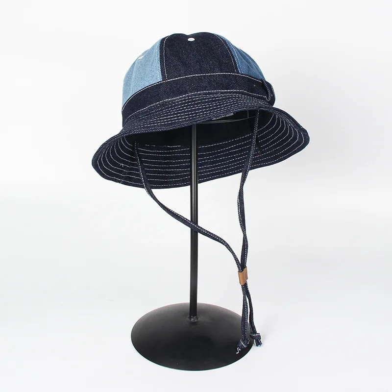 Summer outdoor beach travel adjustable wind rope basin Panama hat for men and women retro wide brim splicing hat denim fisherman