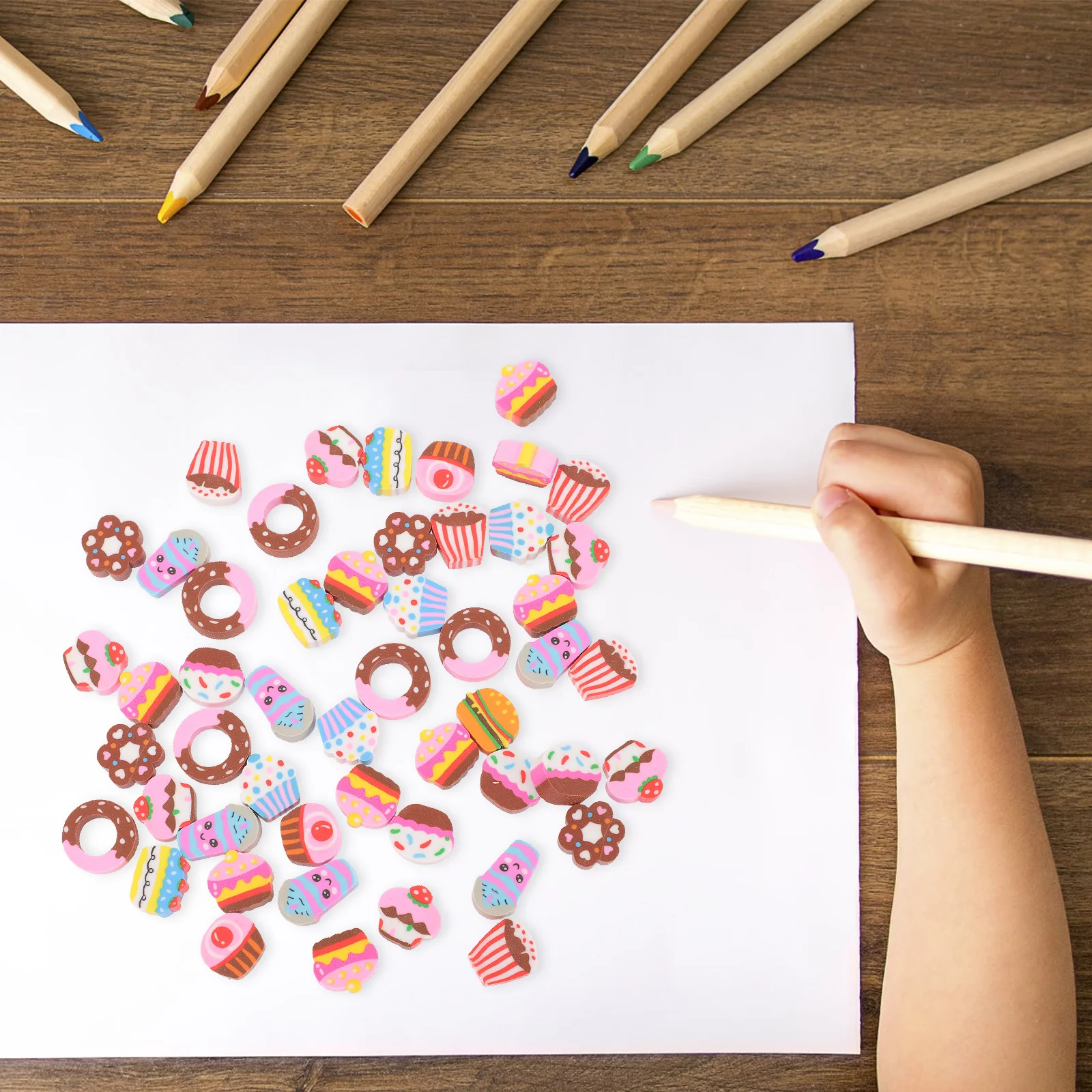 

50pcs Cartoon Animal Fruit Cake Erasers Students Stationery School Office Study Use Small Light Eraser Fun Gift