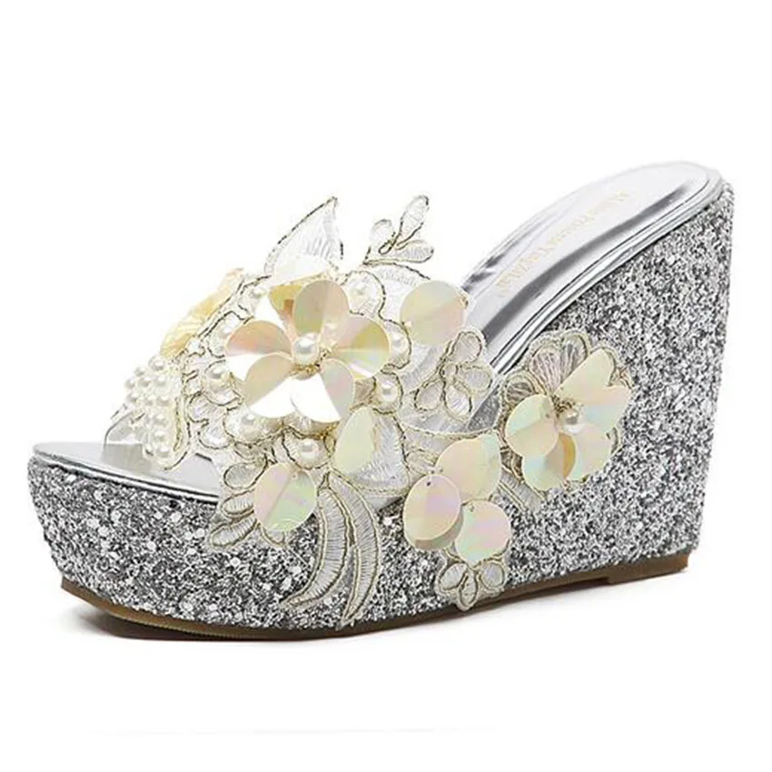 Platform Wedges Slippers High Heels Women\'s Summer Flower Decoration Sandals Fashion Silver Female Casual Gold Shoes Size 34-40